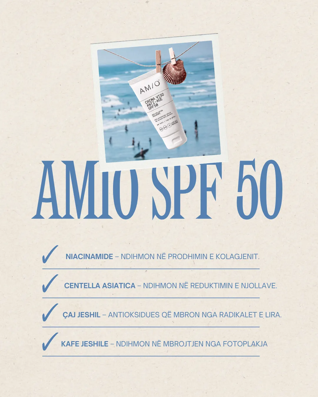 Am/o SPF 50 ingredient card listing niacinamide, centella asiatica, green tea and green coffee.