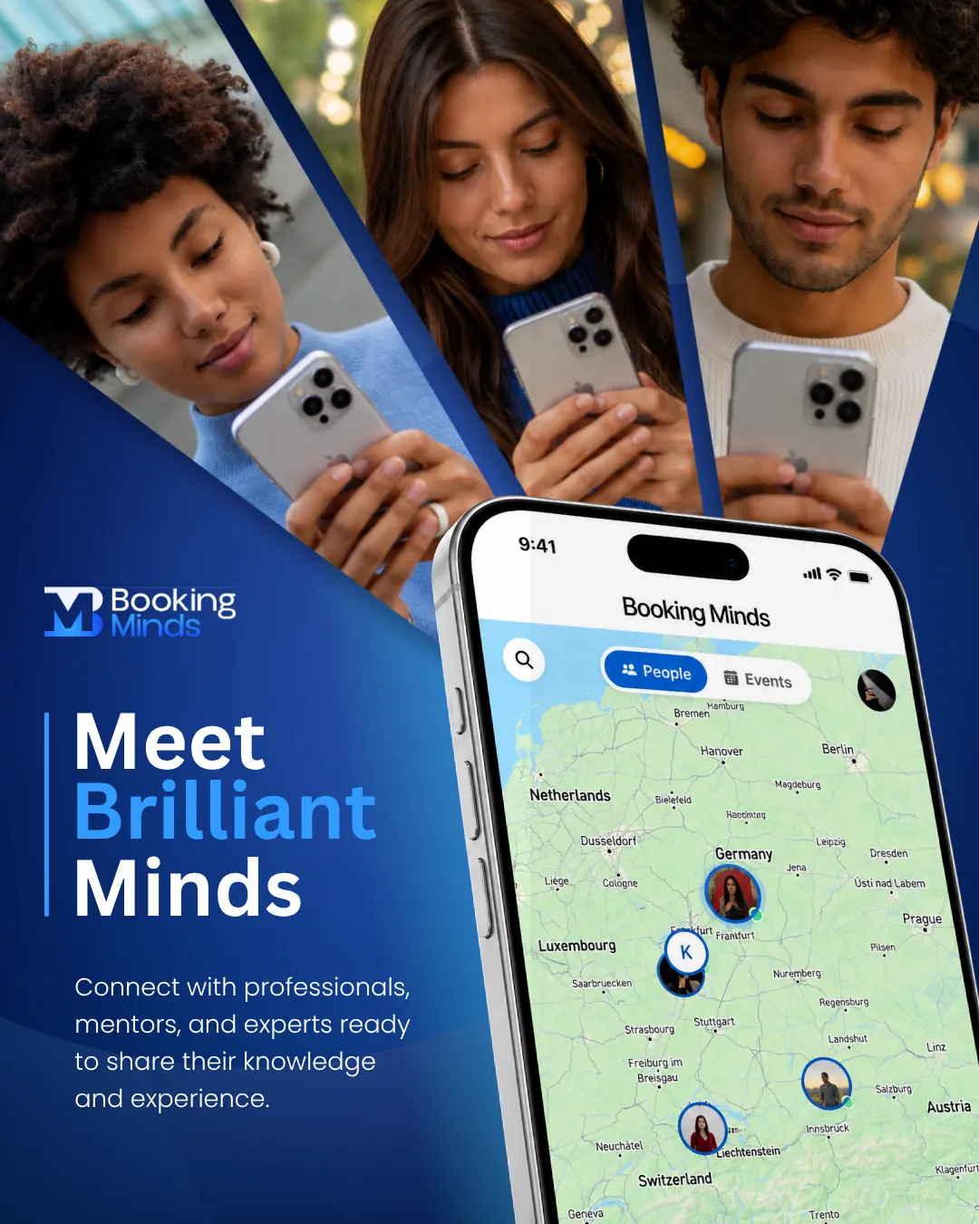 Booking Minds “Meet Brilliant Minds” post — three people on their phones above a handset showing experts pinned across a map of Europe.