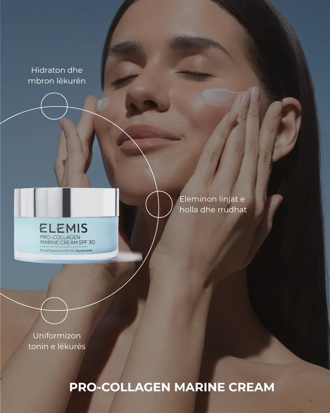 Elemis Pro-Collagen Marine Cream post — a model applying the cream, with benefit callouts arranged around the jar.
