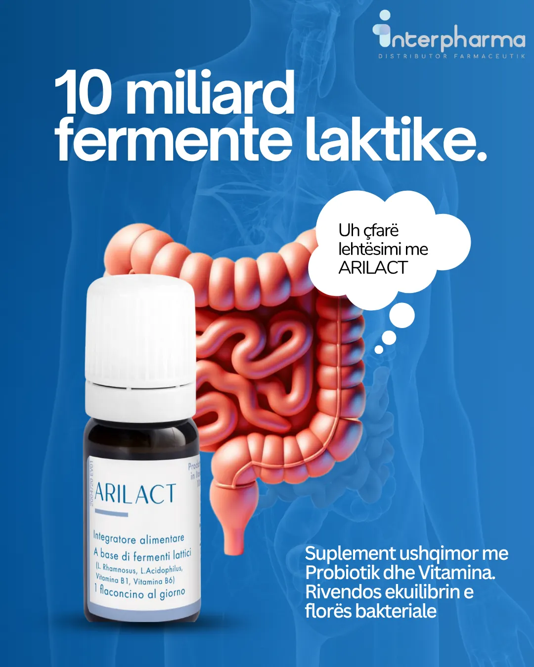 Arilact post reading “10 miliard fermente laktike”, the bottle set against an illustrated gut with a speech bubble.