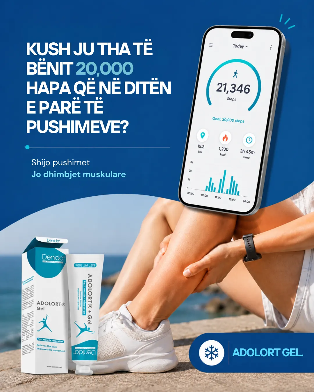 Adolort Gel holiday post — a phone showing a 21,346-step count beside a runner resting, with the product pack in front.