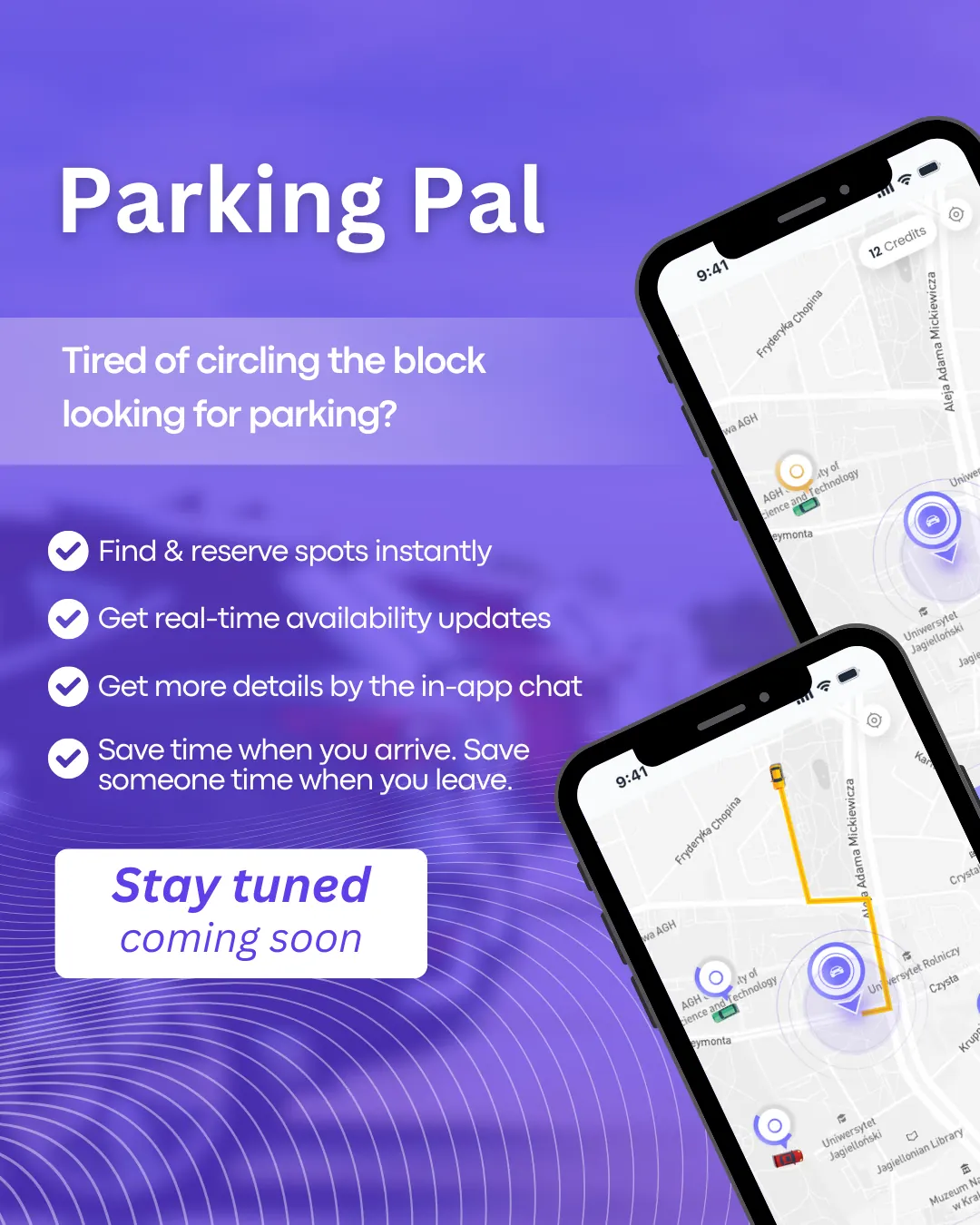 Parking Pal teaser post listing four app features beside two phones showing the live parking map.