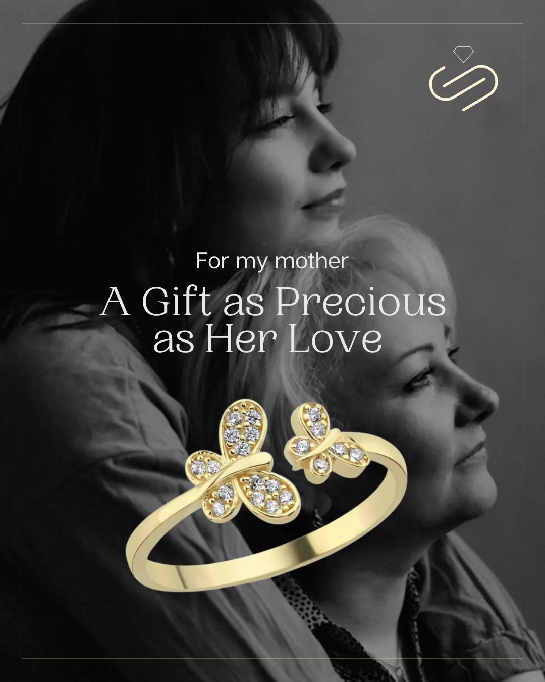 Argjendari Subashi gifting post — a gold butterfly ring set against a black-and-white portrait of a mother and daughter.